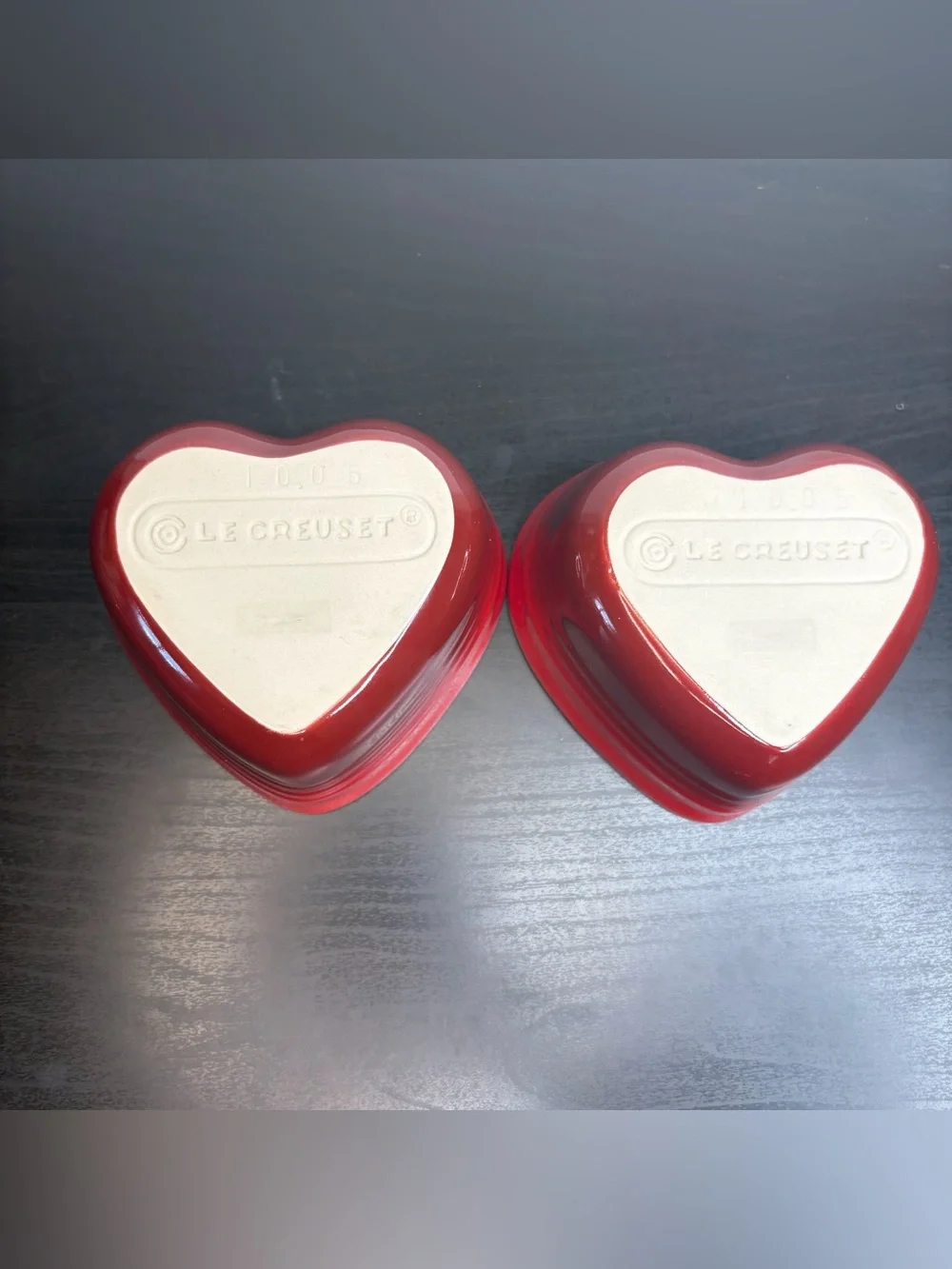 Le Creuset Cerise Red Heart Shaped Ramekins Stoneware Ceramic Valentines Day